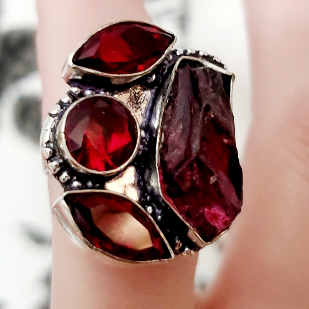 New Rough Rubellite & Garnet 925 Silver Ring.